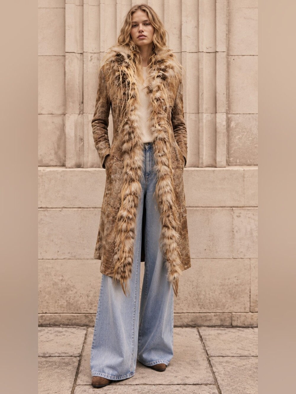 Vintage Y2K Leather Real Fur Shearling Maxi Coat S